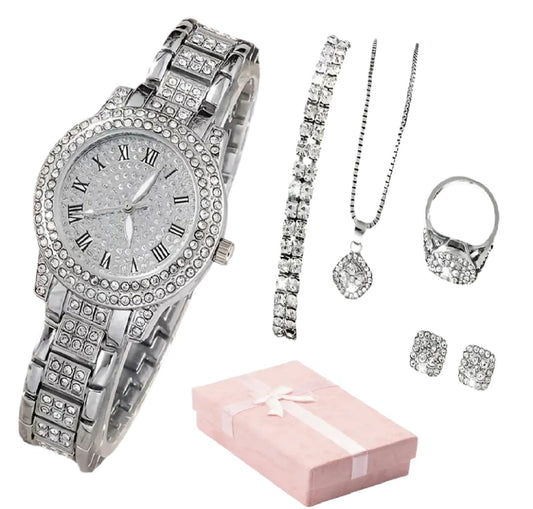 Women Gifting set Wrist Watch with Jewellery Earing Necklace Ring Bracelet